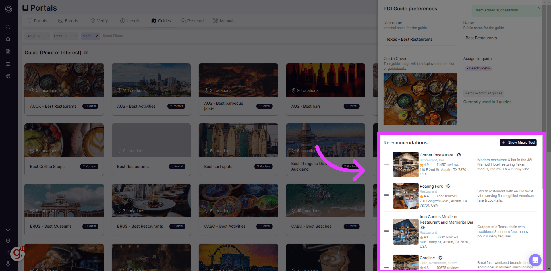Recommendations list showing added places