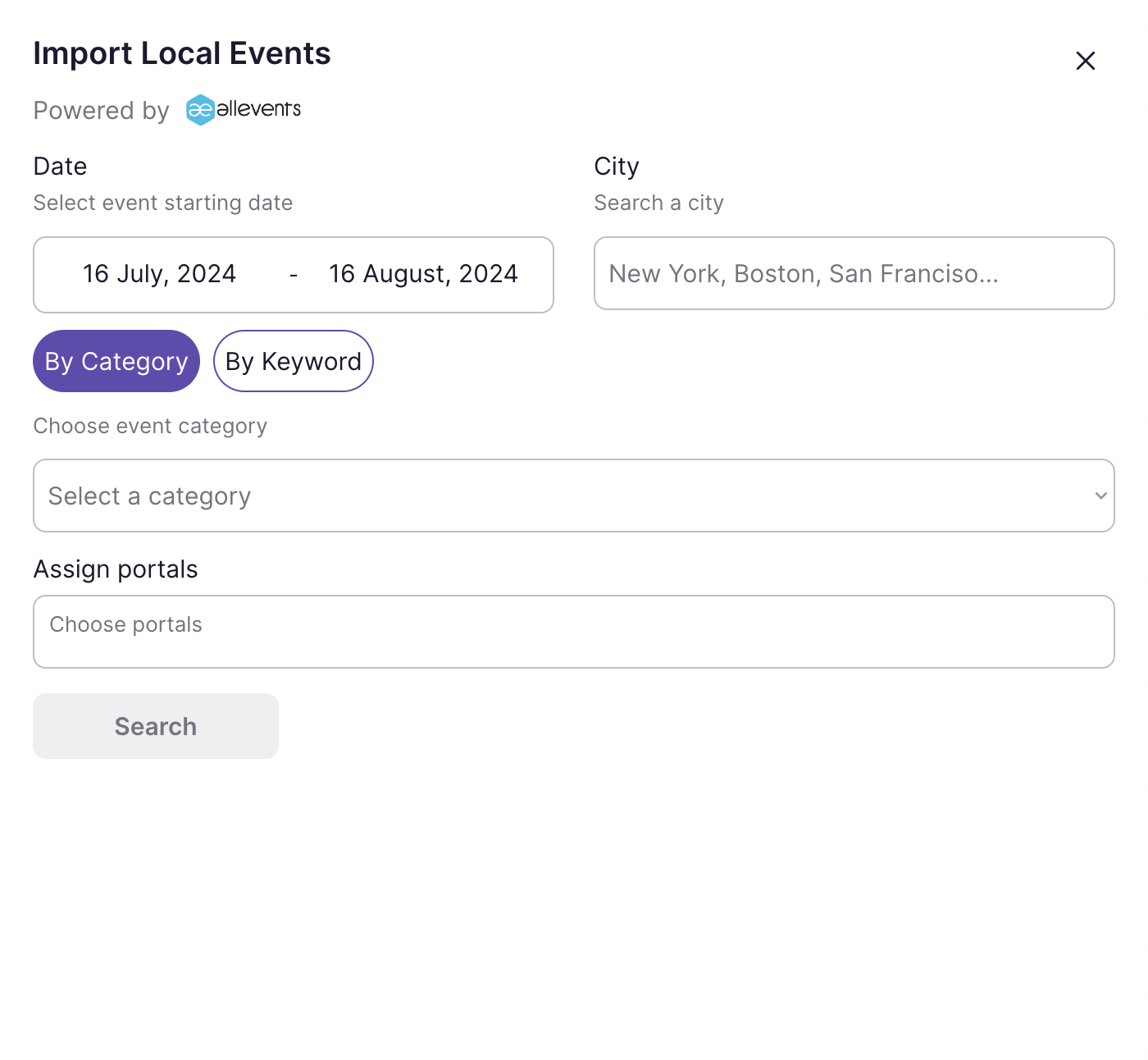 Events import interface with search results and portal assignment