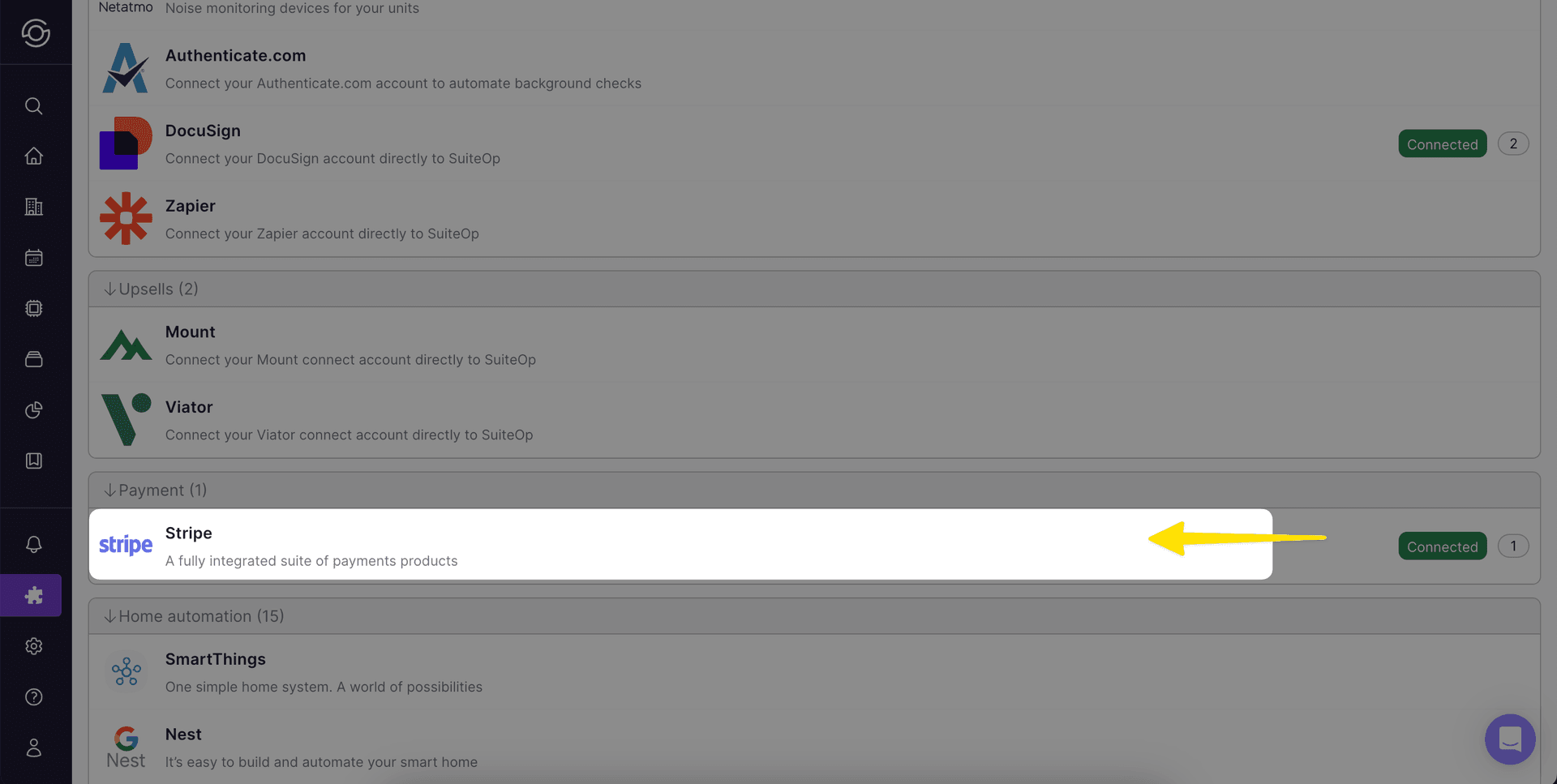 Select Stripe in the list of integrations under Payment