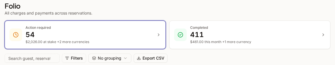 The Folio page with the Action required and Completed cards above the toolbar and its Export CSV button