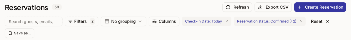 The Reservations page toolbar with Refresh, Export CSV and Create Reservation, above the filters