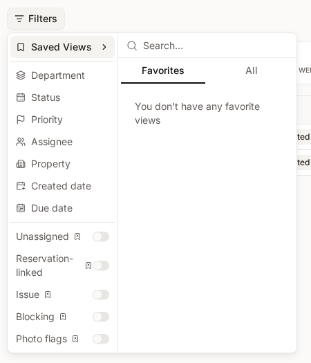 The Filters menu on All Tasks with Saved Views selected, showing the search box and the Favorites and All tabs
